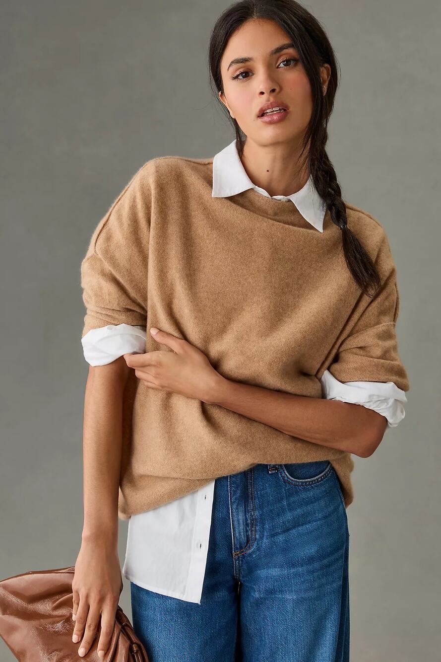 Pilcro Anthropologie Cashmere Sweater Small Tan Roll Mock Neck Boxy Knit Alani